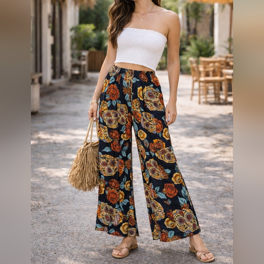 Buho Skull Floral Wide Leg Pants Rayon Festival Beach Pants Size M